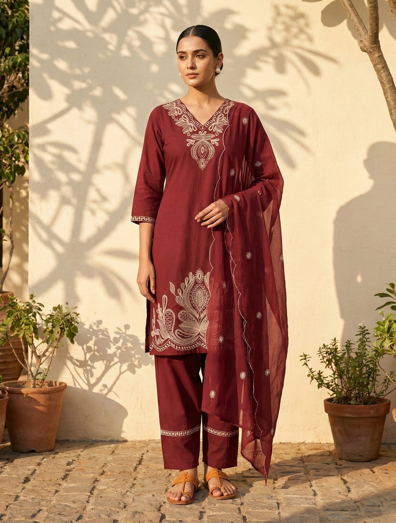 trueBrowns طقم كورتا فارسي بنطلون ووشاح مزخرف باللون الماروني من trueBrowns - Image 1